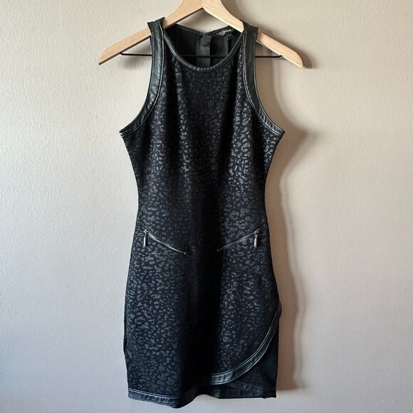 Women's S Guess Animal Print Dress Leather Trim Tulip Hem Zipper - Picture 2 of 10